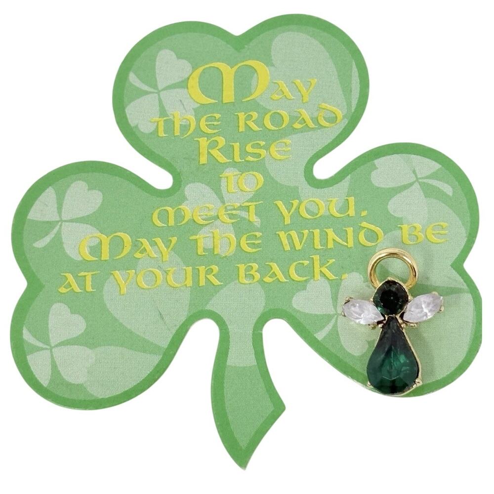 Vintage 90s Avon 1999 St. Patrick’s Day Angel Pin Green Crystal Shamrock J0782